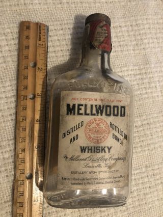 Antique 1916 Us Government Mellwood Whiskey Bottle 1/2 Pint Louisville Kentucky