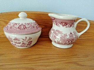 Churchill Willow Rosa Pink Red England Creamer And Round Covered Sugar Bowl Set.