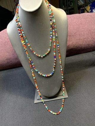 Vintage Bohemian 3 Strand Seed Beads Signed Rachael Multi Color Necklace 36”