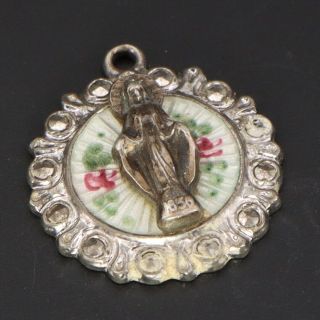 Vtg Sterling Silver - Catholic Guilloche Enamel Virgin Mary Medal Pendant - 6g