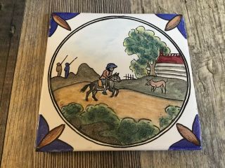 Berardos Portugal Art Pottery 5” Tile Hand Painted Donkey Horse Farmer Vintage