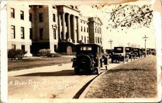 Antique Rppc Postcard Pierre South Dakota " A Busy Day,  State House " Cars
