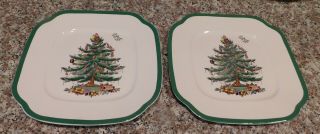2 Vintage Spode Christmas Tree Fine China 8 1/2 " Square Salad Plates (green)