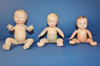 Antique Early Composition Dolls Set Of Three 13,  11,  9 1/2 Inches Tall All Compo