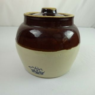 Vintage Usa Blue Crown No 2 Brown And White Handled Stoneware Crock With Lid