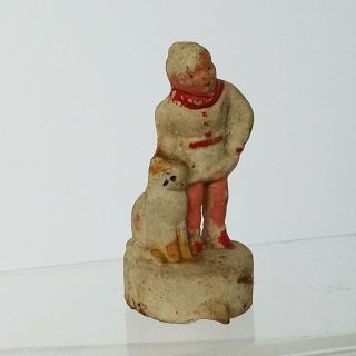 Antique Miniature Bisque Figurine Boy In Winter W/large Cat Japan/german? 2.  25 "