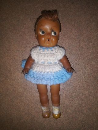 Vintage Rubber Jointed Doll 5 - 1/4 " Tall,  Crocheted Dress