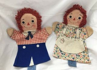 Vintage Knickerbocker Raggedy Ann & Andy Cloth Hand Puppets Doll Faces Too Cute