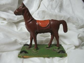 Vintage Antique Tin Horse Toy On Wheels