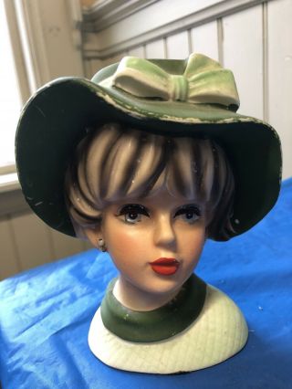 Vintage Lady Head Vase - Napcoware Napco C7494 - Green Hat - 6 " See Pics& Description