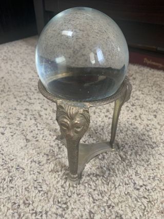 Vintage Decorative Mystical Crystal Ball On Brass Lions Head 3 Prong Stand