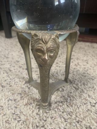 Vintage Decorative Mystical Crystal Ball on Brass Lions Head 3 Prong Stand 2