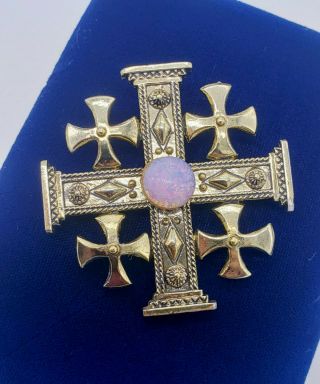 Vintage Signed Weiss Jerusalem Maltese Cross Pendant Brooch Purple Cabochon