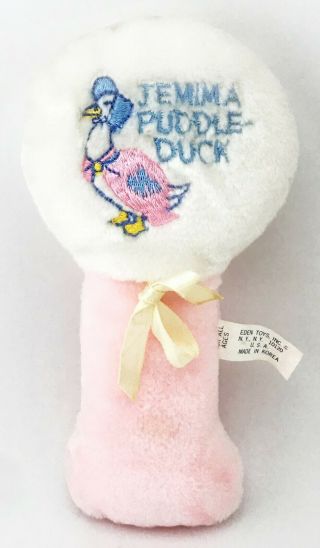 Vintage Eden Toys Jemima Puddle - Duck Pink Baby Rattle Plush