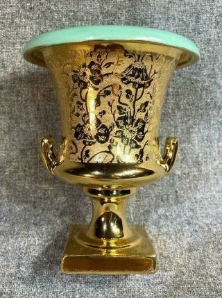 Trenton Pottery Co.  Pedestal Urn Vase 22 Karat Gold Green 6 " H Great Cond.  Signed