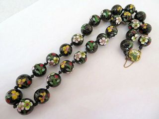 Vintage Chinese Export Cloisonne Black Enamel Floral Bead Necklace