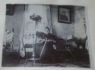 Antique Mounted Photo Of A Lovely Victorian Interior With A Woman Playing Guitar