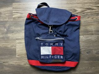 Vintage 90s Tommy Hilfiger Drawstring Duffel Backpack Big Flag Logo Spellout
