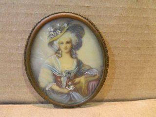 Miniature Painting Of A Victorian Woman Brass Oval Frame Antique