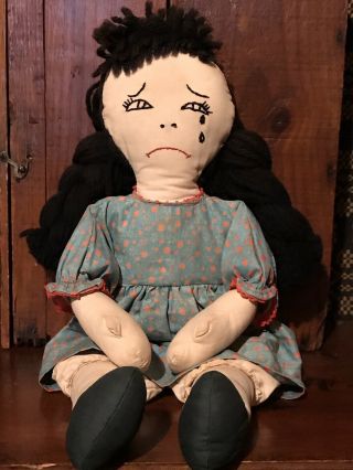 Primitive Vintage Folk Art Homespun Hand Stitched Crying Face Toy Cloth Doll