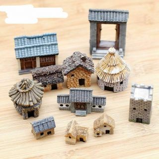 Chinese Antique Mini House Retro Building Micro Figurines Vintage Home Decors