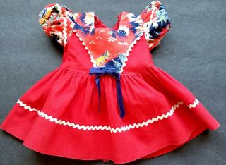 Vintage Factory 1950,  S Red Doll Dress With Rick Rack Trim Fits 18 " Dolls