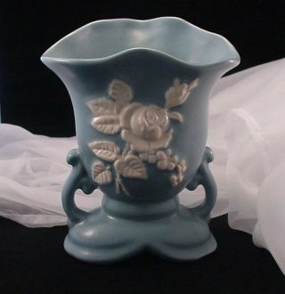 Weller Art Pottery Cameo Blue Handled Vase 6 - 3/4 " 1930s Vintage