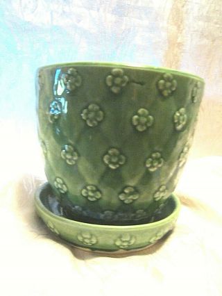 Vintage Usa - Shawnee 455 Pottery/planter Flower Pot W/attached Saucer Green