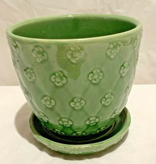 Vintage Usa - Shawnee Quilted Pottery/planter Flower Pot W/attached Saucer Green