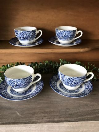 Vintage Staffordshire Liberty Blue Ironstone Set Of 4 Tea Cups And Saucers