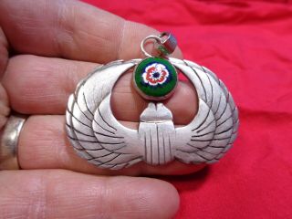 Antique Egyptian Revival Winged Scarab Sterling Silver Pendant