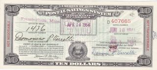 $10 Series Of 1939 Postal Savings System Certificate Paid Framingham Ma W5124