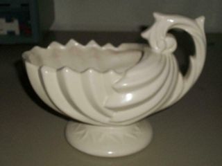 Vintage Mccoy Matte Cream White Shell Planter With Handle - 8 " X 4 " Wide 6 " Tall