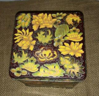 Vintage Collectible Daher Yellow Green Lotus Flowers Tin Box Made In England