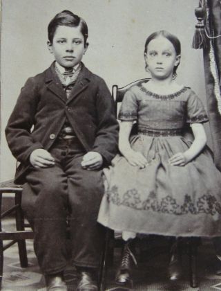 Antique Cw Era Cdv Photo Handsome Boy & Pretty Girl In Hoop Dress Plattville Wis