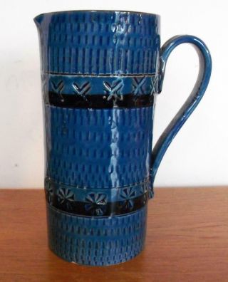 Italian Pottery Pitcher Blue Glaze Glossy Finish Incised,  Impressed Decor Italy