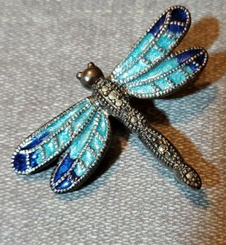Vintage 925 Sterling Silver Marcasite Inlay Stones Enameled Dragonfly Pin Brooch