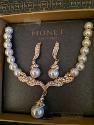 Vintage Monet Signed Faux Pearl & Pave Rhinestone Necklace Earrings Set Nos