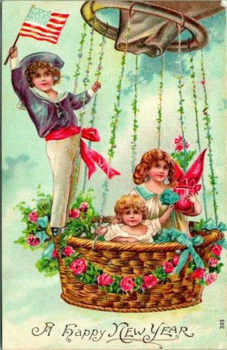 Antique Happy Year Postcard Children In Hot Air Balloon Flag Embossed