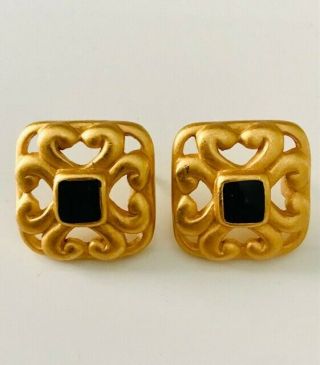 Vintage Signed Anne Klein Filigree Gold Tone & Black Enamel Pierced Earrings