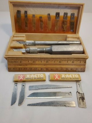 Early Vintage X - Acto Knife Set Blades Old Iconic Wood Grain Box W/ Extra Blades
