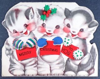Vintage Die Cut Christmas Card Rust Craft 3 Kittens Wearing Mittens 1944