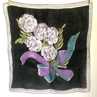Vintage Hankerchief Bandana Bouquet Flowers Ribbon Purple Blue Black Cotton
