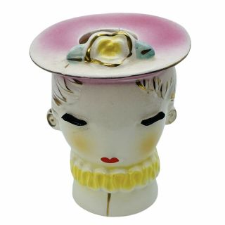 Vintage Irice Head Vase Lady Eyelashes Orig Label Pink Hat Ruffled Collar Japan