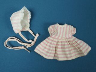 Vintage 1950’s 1960’s Pink & White Stripe Dress & Bonnet Set For Small Doll