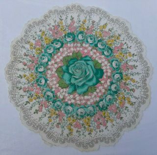 Vintage 14 " Round Teal Rose Floral Scalloped Edge Hankie Handkerchief