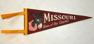 Vintage Missouri Home Of The Ozarks 12 " Felt Souvenir Pennant With Mule