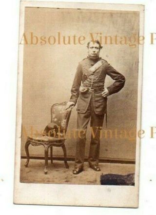 Military Cdv Photograph Soldier In Uniform With Hat On Chair Vintage 1860s