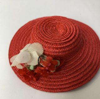 Madame Alexander 8” Tagged Red Straw Hat Trimmed With Flowers