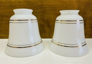 Vintage Set Of 2 Bell Shaped Milk Glass Lamp Shades With Gold Trim 2 1/8 " Fitter